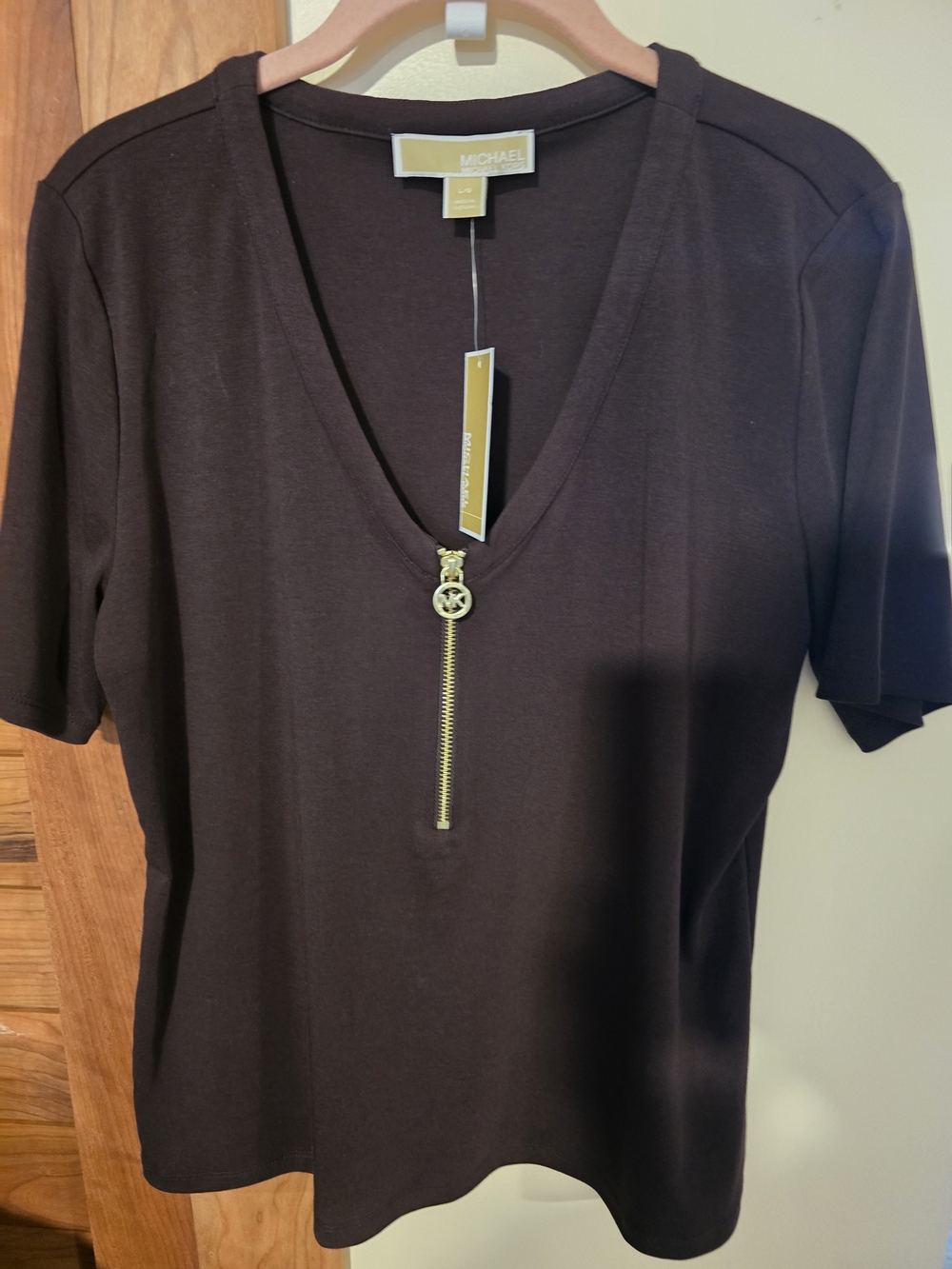 Michael Kors Black Short-Sleeve V-Neck Top with Gold Zip